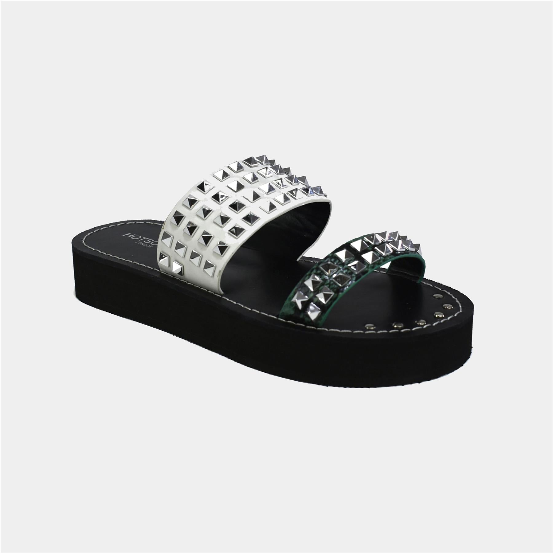 Double Strap Stud Sandals in White-Green