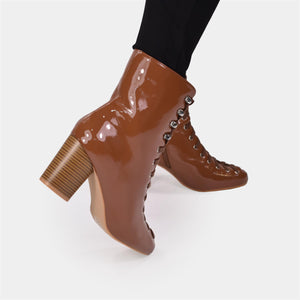 Faux Suede Lace Up Ankle Boot in Cognac