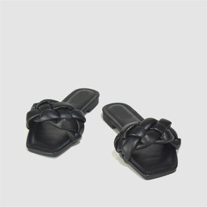 Quilted Strap Square Toe Slider in Black