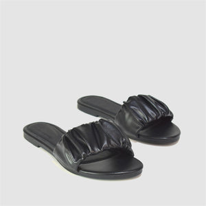 Ruched Strap Flat Sandals in Black