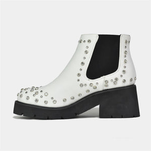 Rounded Toe Studded Boots in White