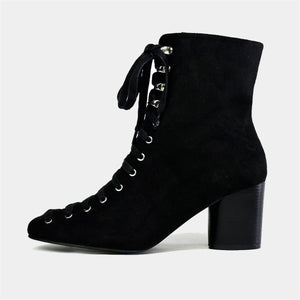 Faux Suede Lace Up Ankle Boot in Black