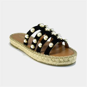 Pearl Studded Strappy Espadrille in Black