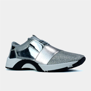 Silver Mirror Multi Textured Lace Up Trainer