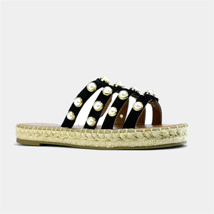 Pearl Studded Strappy Espadrille in Black