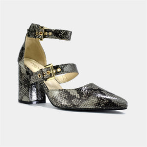 Double Strap Block Heel in Natural Snake