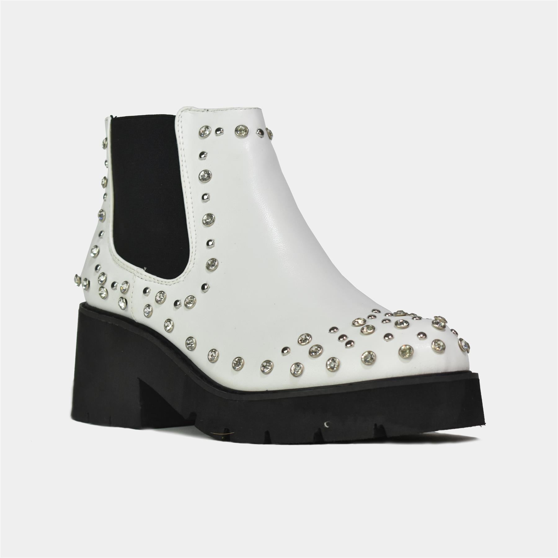 Rounded Toe Studded Boots in White