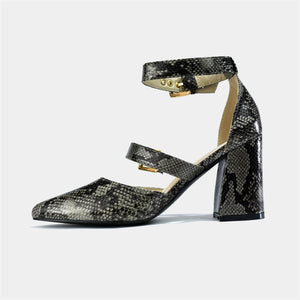 Double Strap Block Heel in Natural Snake