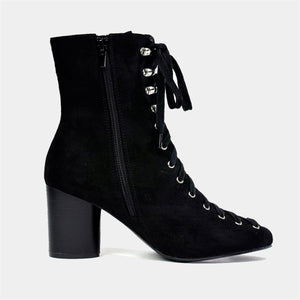 Faux Suede Lace Up Ankle Boot in Black