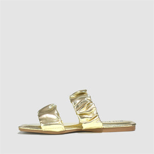 Ruched Double Strap Sandals in Gold