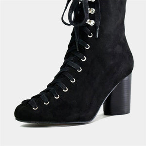 Faux Suede Lace Up Ankle Boot in Black