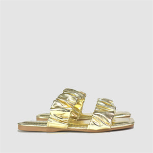 Ruched Double Strap Sandals in Gold