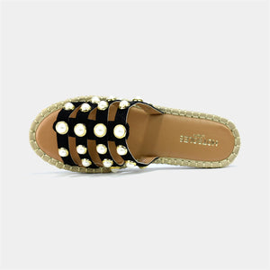 Pearl Studded Strappy Espadrille in Black