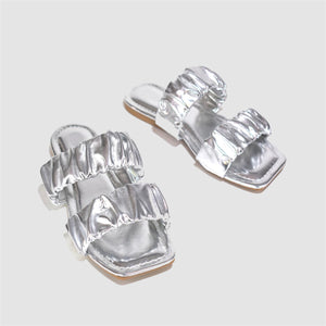 Ruched Double Strap Sandals in Silver