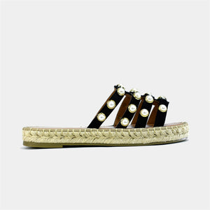 Pearl Studded Strappy Espadrille in Black