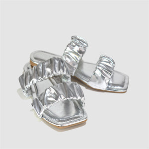 Ruched Double Strap Sandals in Silver