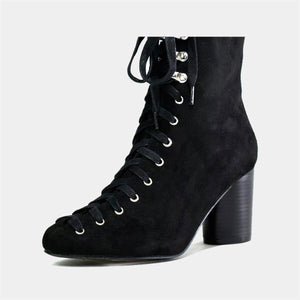 Faux Suede Lace Up Ankle Boot in Black