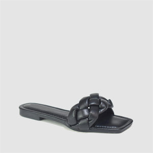 Quilted Strap Square Toe Slider in Black