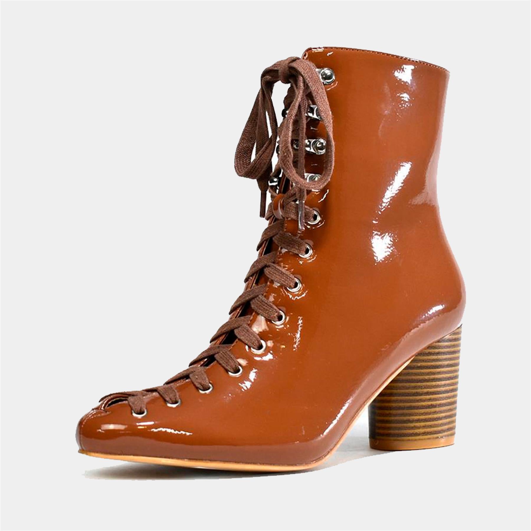 Faux Suede Lace Up Ankle Boot in Cognac