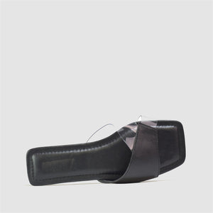 Vinyl Strap Flat Sandal in Black