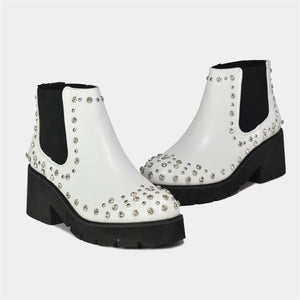 Rounded Toe Studded Boots in White