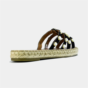 Pearl Studded Strappy Espadrille in Black