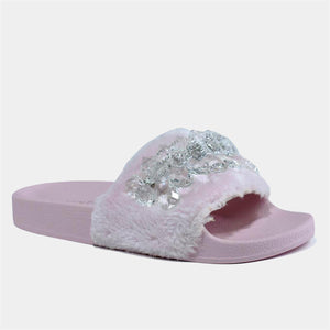 Crystal Detailed Slider with Soft Faux Fur in Pink