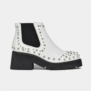 Rounded Toe Studded Boots in White