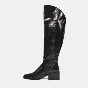 Knee High Block Heel Boots in Black Patent