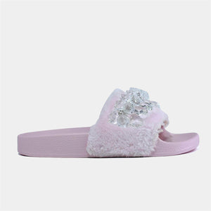 Crystal Detailed Slider with Soft Faux Fur in Pink