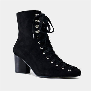 Faux Suede Lace Up Ankle Boot in Black