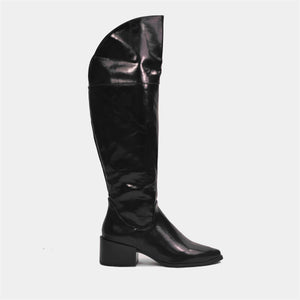 Knee High Block Heel Boots in Black Patent