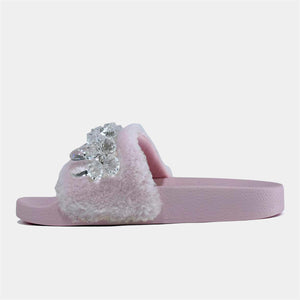 Crystal Detailed Slider with Soft Faux Fur in Pink