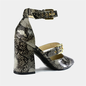 Double Strap Block Heel in Natural Snake