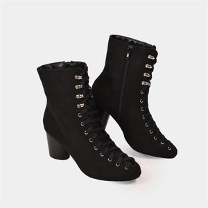 Faux Suede Lace Up Ankle Boot in Black