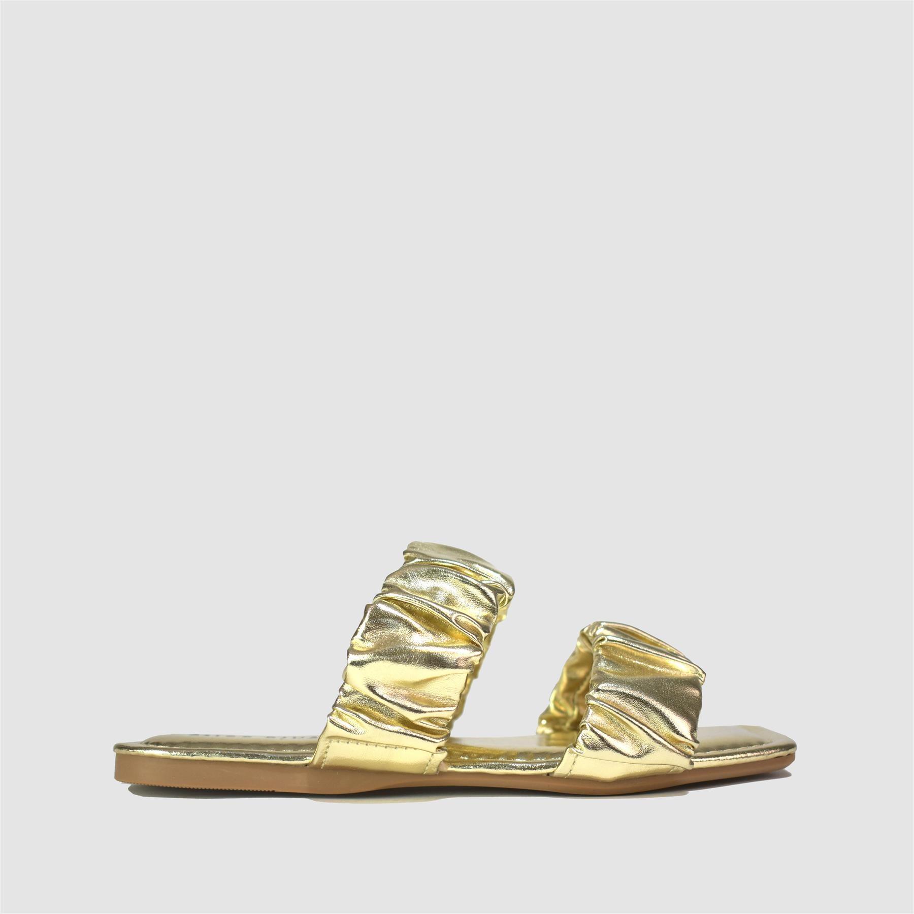 Ruched Double Strap Sandals in Gold