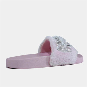 Crystal Detailed Slider with Soft Faux Fur in Pink