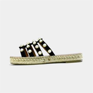 Pearl Studded Strappy Espadrille in Black