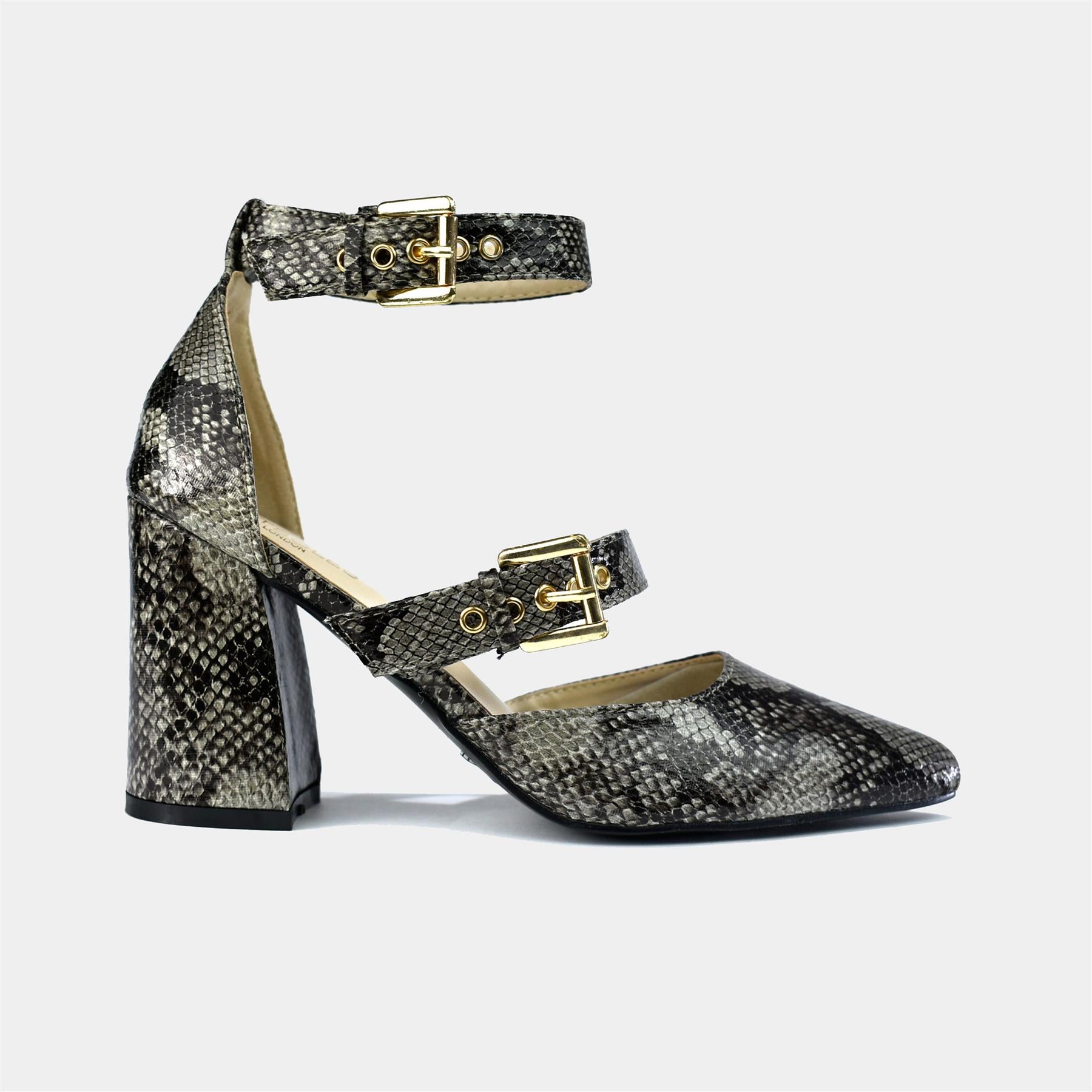 Double Strap Block Heel in Natural Snake